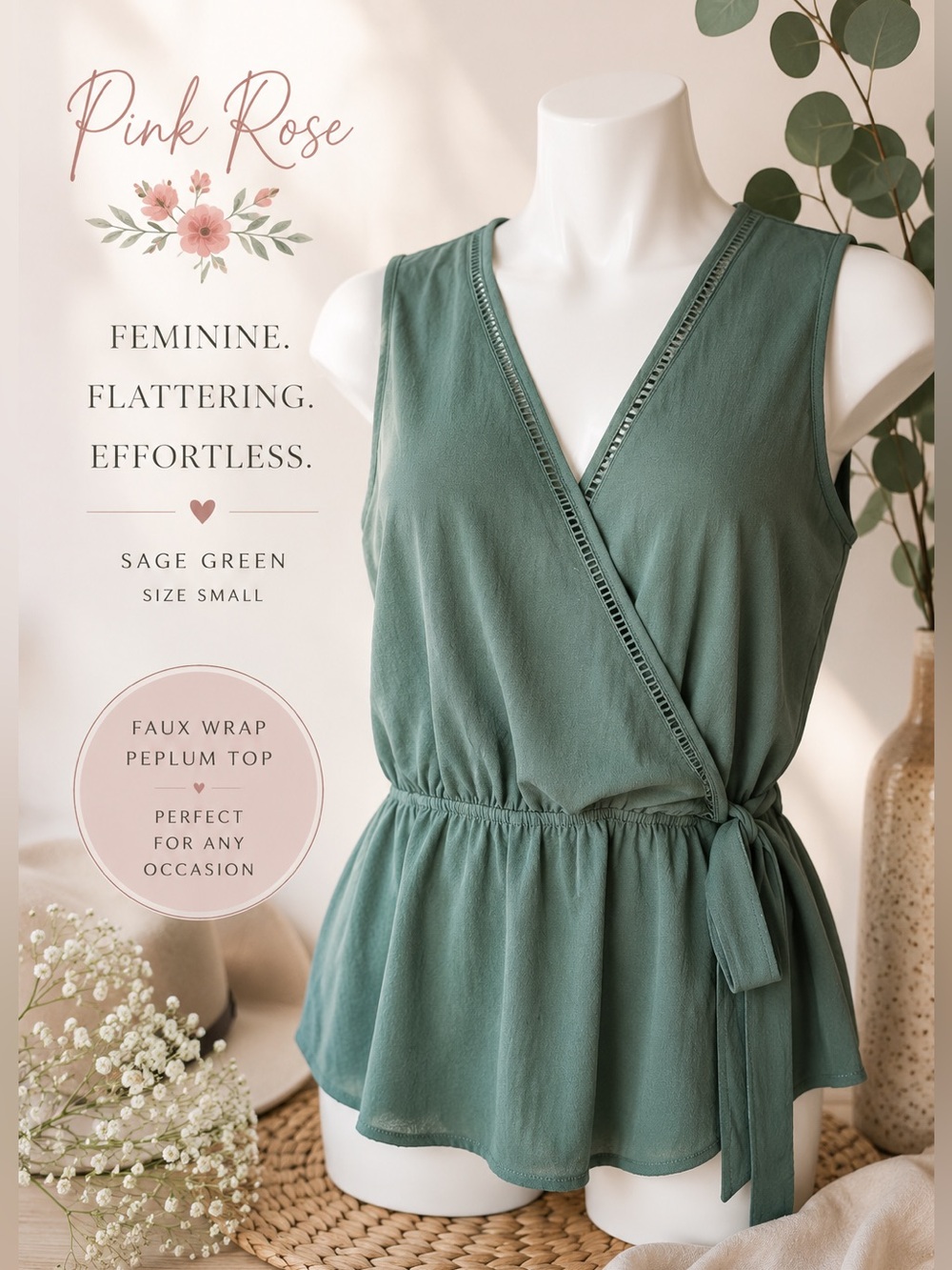 Pink Rose Sage Green Faux Wrap Peplum Sleeveless Blouse Size Small